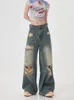 High Street Perforated Jeans Summer INS Fashion Brand Straight Tube Loose Sweeping Wide Leg Pants 240229