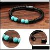 Braccialetti con ciondoli Braccialetti con ciondoli Gioielli Uomo in vera pelle Lava Rock Bead Staffe per le donne Turchese naturale Olio essenziale diffuso Dhgai