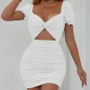 Kleid Lila Tiefes V Puff Kurzarm Sexy Kleid für Frauen Hohl Plissee Bodycon Kleid Club frauen Mini Nachtclub party Kleid 2022