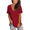 Summer hot selling V-neck solid color split short sleeved loose fitting T-shirt on both sides