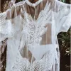 Dress Ordifree 2022 Summer Women White Cardigan Dress Sexy Transparent Feather Embroidery White Lace Loose Beach Dress