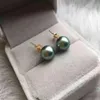 12mm Natural black green Tahitian round pearl 14K gold earrings Thanksgiving Aquaculture Wedding Gift Halloween 240301