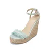 Sandals PXELENA Plus Size 34-43 White Pink Blue Wedge High Heels Elegant Lace Bohemia Beach Ankle Strap Shoes Women Summer