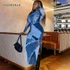 Dress ANJAMANOR Denim Print Bodycon Dress for Women 2023 Autum Fashion Sheer Mesh Long Sleeve Slit Midi Dresses Nightclub D85CZ21