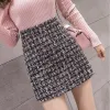 Jurken 2022 Nieuwe Nieuwe Vrouwen Tweed Rok Lente Herfst Hoge Taille Slanke Aline Doublebreasted Mini Rok Elegante Koreaanse Wit Zwart rokken