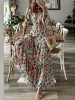 Jurk Zomer Vintage VNeck Tuniek Gewaad Jurk Vrouwelijke Elegante Flowy Strandjurk Mode Vrouwen 3/4 Mouw Bloemenprint Boheemse Jurk