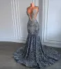 Ny Sparkly Sier -sjöjungfru promklänningar Sheer O Neck Pärlor Crystal Diamond Sequined Graduation Party Gowns Evening Clow Sexy Robe