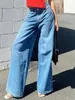 Calças femininas moda mulheres denim solto elástico casual cor sólida perna larga calças de brim com bolsos streetwear XS-L