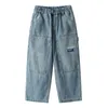 Boy Cargo Jeans Teenage Children Wide Leg Denim Pants for Boys Loose Pockets Trousers Spring Autumn 4 6 8 10 12 14 16Yrs 240227