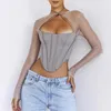 Magliette da donna Meqeiss Mesh See Through Corsetto grigio Top Donna Abiti estivi eleganti Streetwear Manica lunga Halter Top T-shirt Abiti autunnali