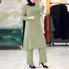 Quality 2023 New Middle East Muslim Solid Color Long Sleeved Side Sewn Decorative Wooden Buckle Rubber Waist Women's Set in Stock