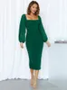 Mozision Elegant Long Sleeve Backless Midi Dress Women Autumn Two Layer Mesh Square Collar BodyCon Club Party Sexig klänning 240304