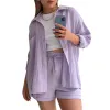 Set Women 2023 Spring Cotton Linen Lapel Long Sleeve Shirt Hög midja Drawstring Shorts Plus Size Mode Casual Set