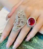 Cluster Rings Big Butterfly 925 Sterling Silver Ring For Women 4ct Oval Red Ruby Gemstone Finger Jewelry Girl Gift Wholesale