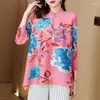 Blouses pour femmes Style chinois amélioré Cheongsam Peony Imprimer Top plissé pour les femmes 2024 Été Rétro Collier Miyake T-shirt