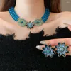 Колье с кристаллами, двухслойное ожерелье с подвеской в виде цветка, роскошное винтажное ожерелье с синими цветами и стразами, многослойная цепочка для свитера для женщин