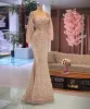 Sparkly Pink Beaded Mermaid Prom Dresses Sequined Long Sleeve Appliqued African Sweep Train Women Formella aftonklänningar