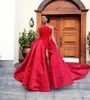 Red Beaded Wedding Dresses Appliqued Feathers Bridal Gowns Side Split Sheer Bateau Neckline A Line Satin Vestido De Novia