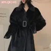 Mélanges hiver long manteau de laine surdimensionné pour les femmes revers lâche rembourré peluche imitation vison manteau élégant noir femmes vêtements streetwear