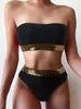 Sexy Bandeau Hohe Taille Bikini 2023 Frauen Dreieck Badeanzug Stich Detail Bademode Gepolsterte Badeanzug Weibliche Solide Beachwear 240223