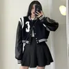 Women Black White Leather Jackets Loose Letter Embroidery Short Length Punk Style Outerwear American Coats Bomber High Street 240226