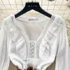 Robes décontractées Femmes Sweet White Volants Bandage Mini Robe À Manches Longues Élégant Plissé Court Coréen Mode Automne Vacances 2024 Vintage