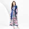 Élégant Floral Blanc Cardigan Maxi Robe Femmes À Manches Longues Designer Col Montant Robes Imprimées Dames Boutonné A-ligne Casual Beach Party Robes Vêtements Printemps