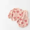 Clothing Sets 2024 Korean Spring Autumn Infant Girls Clothes Set Knitted Cotton Printed Love Stretch PPshorts Suit Long Sleeve Baby Cardigan
