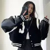 Women Black White Leather Jackets Loose Letter Embroidery Short Length Punk Style Outerwear American Coats Bomber High Street 240226