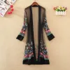 Camicetta Camicia lunga Donna Kimono Plage Mujer Boho Ricamo floreale Camicetta in chiffon a rete Cardigan Abbigliamento Roupas Feminina