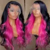 Perucas de cabelo preto rosa dois tons onda do corpo peruca dianteira do laço sintético longo cabelo ondulado calor amigável fibra perucas diárias cosplay 240306