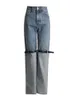 Twotwinstyle hit color retalhos cinto jeans para mulheres cintura alta solto emendado bolso outono calças de perna larga moda feminina nova