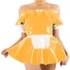 Dress Sissy Cosplay Maid Dress Fashionable Shoulder One Word Collar Shiny PVC Mini Pleated Dress with Apron Evening Party Club Wear