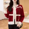 Cardigans 2023 Autumn and Winter Women's Round Neck Button Screw ThreadPatchwork Loose Cardigan Fashion Casual Elegant Long Sleeve Tops