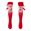 Skarpetki dla kobiet 2024 Jesienne ciepłe dzianinowe pończochy świąteczne łosie drukuj Bowknot nad kolanem długie hoziery dla dziewczynki