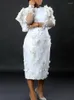 Robes décontractées Appliques blanches robe de fleur femmes broderie de luxe midi élégant volants tulle à manches longues tenues de mariage d'anniversaire