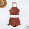 Bikini de color liso con tirantes y tirantes para mujer, traje de baño de cuerpo dividido, bikini deportivo de playa con ángulo plano, novedad de 2024