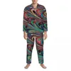 Herren-Nachtwäsche, Neonfarben-Swirl-Pyjama-Sets, bunter Flüssigkeitsdruck, niedliches weiches Paar, langärmlig, lässig, Freizeit, 2-teilig, Nachtwäsche