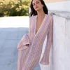 Casual Kleider Bunte Gestreifte Frauen Häkeln Stricken Lange Maxi Party Robe Ausgestellte Ärmel V-ausschnitt Sexy Club Funky Strand