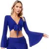 Stage Wear Womens Sexy Belly Dance Crop Tops Mangas Queimadas Bellydance Traje Camisas Femininas Bollywood Dança Roupas Cor Sólida