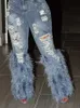 Women's Jeans Fashionable womens jeans tassel holes Witnerch feathers high waist Y2K street clothing casual denim pants springs tight hollow Trousers J240306