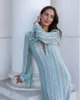 Casual Kleider Bunte Gestreifte Frauen Häkeln Stricken Lange Maxi Party Robe Ausgestellte Ärmel V-ausschnitt Sexy Club Funky Strand