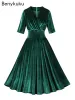 Vestido verde ruched com decote em v vestido de veludo de natal para mulheres outono inverno meia manga cintura alta vintage swing elegante vestidos de festa