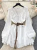 Casual Jurken Dames Zoete Witte Ruches Bandage Mini-jurk Lange Mouw Elegant Geplooid Korte Koreaanse Mode Herfstvakantie 2024 Vintage