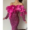 Sparkly Roze Zeemeermin Prom Dress 2024 Voor Vrouwen Strapless Lange Mouwen Lovertjes Formele Avondjurken Celebrity Partij Jassen
