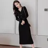 Casual Dresses Women Knitting Autumn Winter 2024 Patchwork Half High Collar Pullover Slim Fit Button Office Lady Dress T03