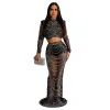 Kostymer 2023 långärmad mesh maxi bodycon elegant parti glittrande strass för födelsedagsklänning sexig klubb två bitar kvinnors utflykter