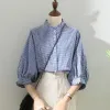 Camisa camisa feminina 2023 nova primavera verão roupas topos vintage francês lanterna manga elegante e juventude blusas azul camisa xadrez
