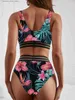 Damskie odzież kąpielowa Z-Lai 2024 Nowe liście wydrukowane bikin wysoki talia dwa kawałki zestawy bikini w kostiumie kąpielowym Kobiet Kosze na plaży Kąciki Q240306