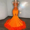 Orange Federn Meerjungfrau Ballkleider Kristall Perlen Gillter Afrikanische Mädchen schiere O-Ausschnitt Partykleider Langes Aso Ebi Abendkleid